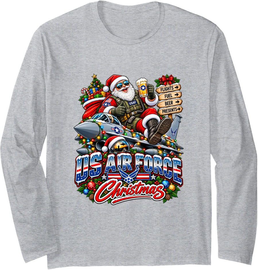 Funny Military Aviation Christmas Santa Design Long Sleeve T-Shirt - Adult Unisex Heather Grey