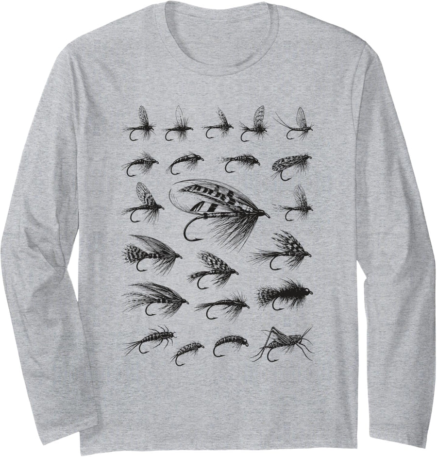 Fishing Flies Specimen Chart Trout Fly Fisherman Gift Long Sleeve T-Shirt - Adult Unisex Heather Grey