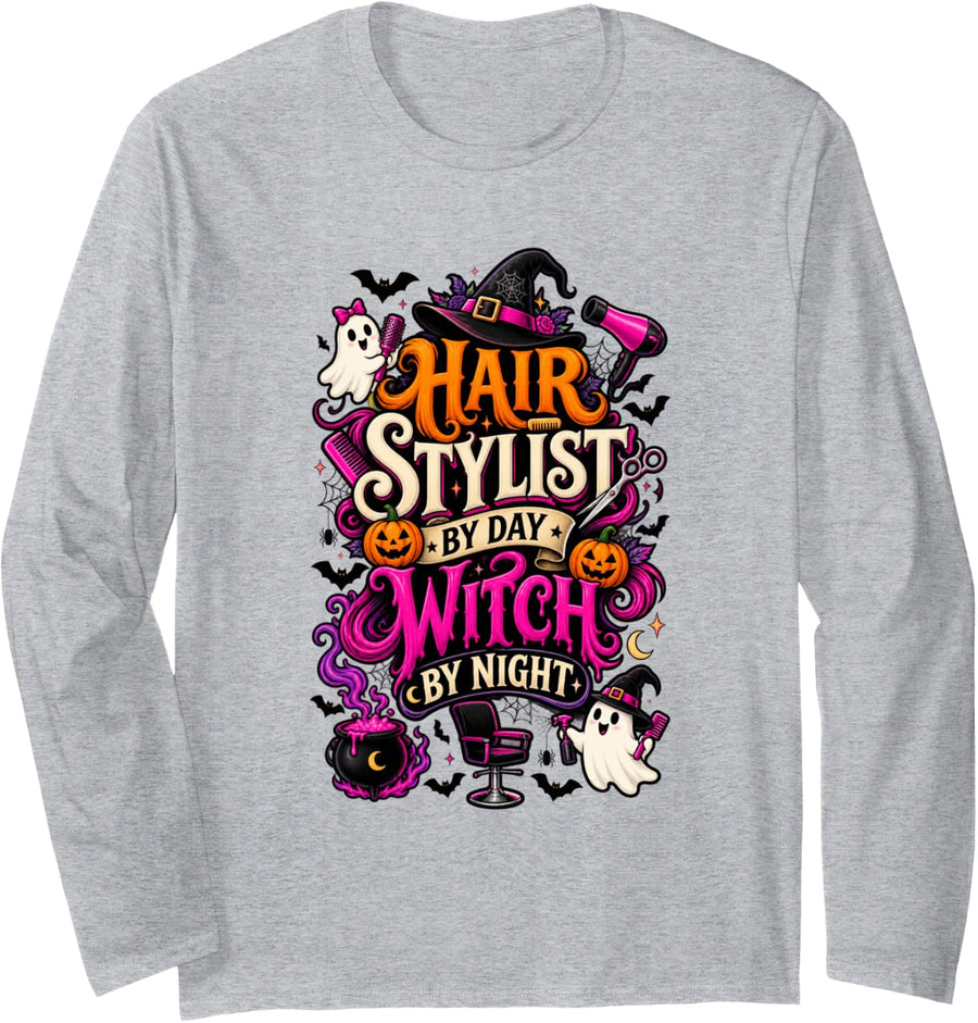 Hair Stylist By Day Witch By Night Funny Halloween Long Sleeve T-Shirt - Adult Unisex Heather Grey
