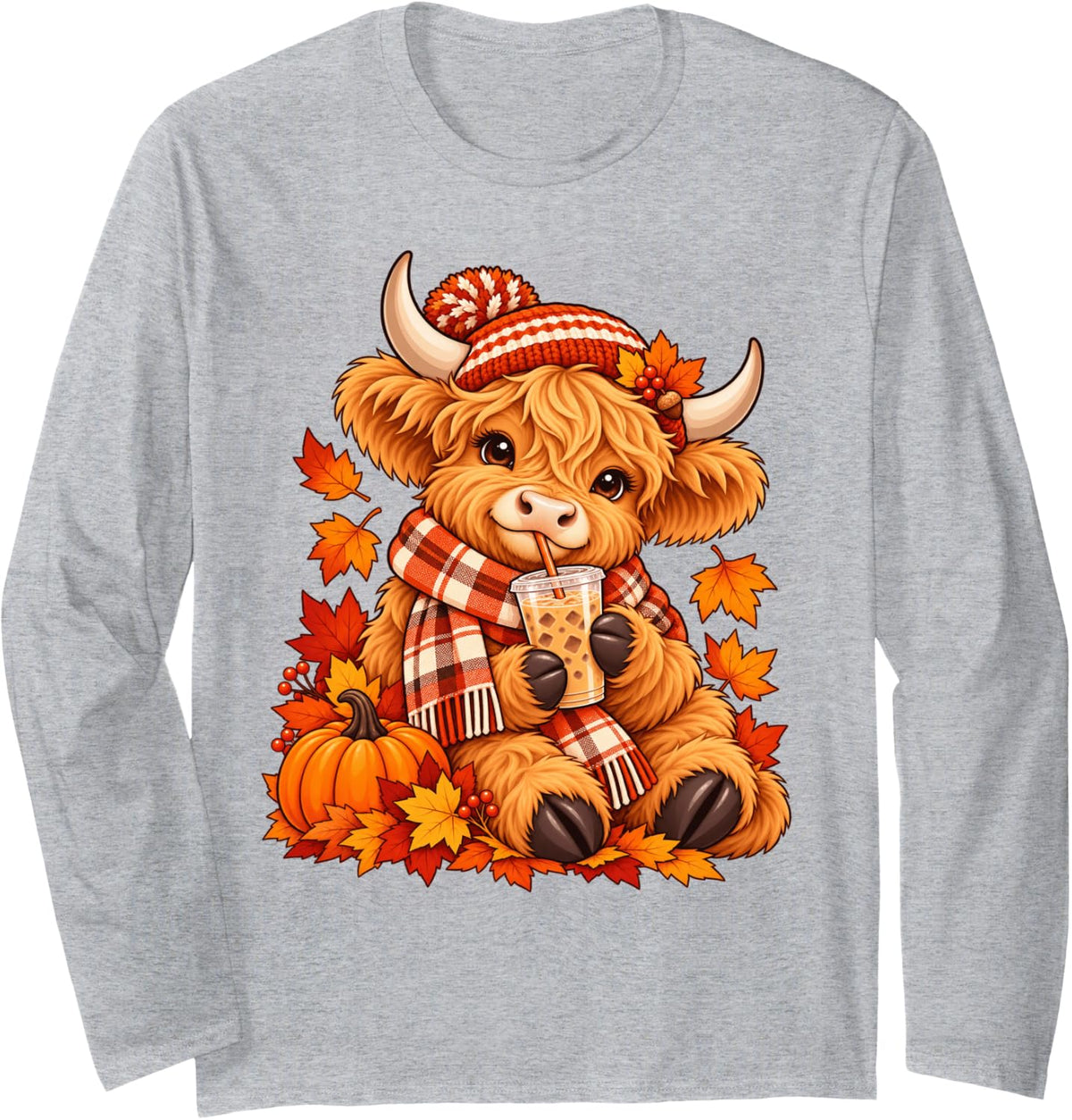 Highland Cow Fall Iced Coffee Pumpkin Autumn Farmer Long Sleeve T-Shirt - Adult Unisex Heather Grey