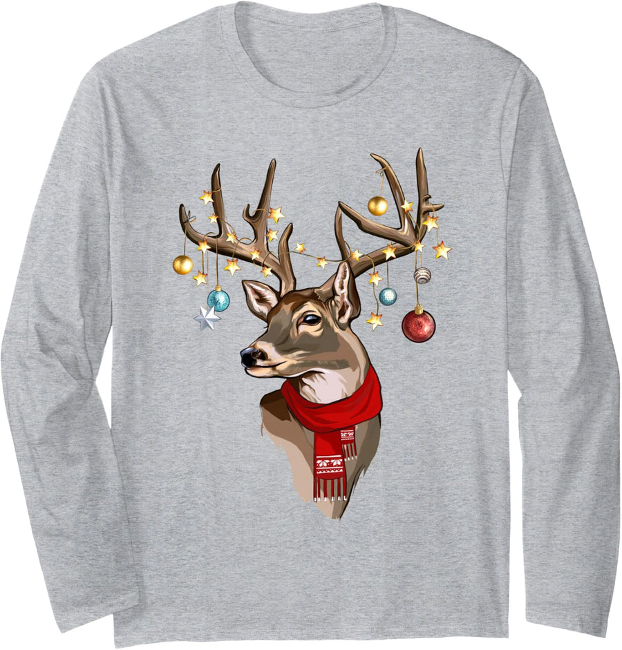 Buck Deer Antlers Christmas Lights Scarf Xmas Party Long Sleeve T-Shirt - Adult Unisex Heather Grey