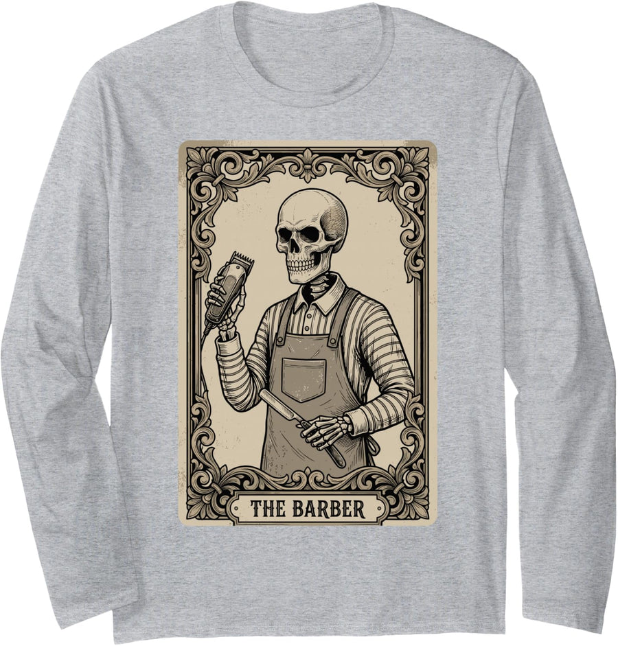 Tarot Card The Barber Skeleton Hair Stylist Barber Shop Tee Long Sleeve T-Shirt - Adult Unisex Heather Grey