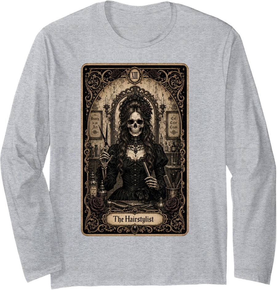 Hairstylist Skeleton Vintage Gothic Tarot Card Salon Women Long Sleeve T-Shirt - Adult Unisex Heather Grey