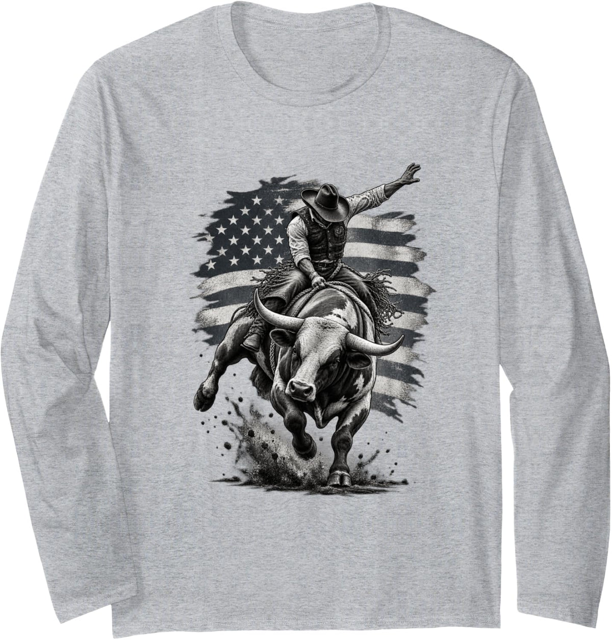 Patriotic Bull Riding American Flag Rodeo Cowboy Souvenir Long Sleeve T-Shirt - Adult Unisex Heather Grey