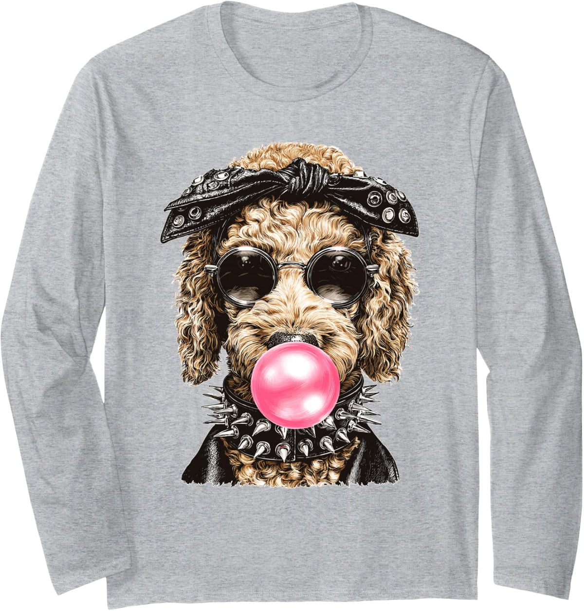 Goldendoodle with Sunglasses Punk Animal Bubblegum Gothic Long Sleeve T-Shirt - Adult Unisex Heather Grey