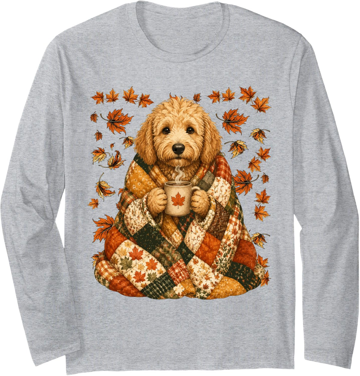 Cute Goldendoodle with Maple Leaves Cozy Autumn Dog Fall Art Long Sleeve T-Shirt - Adult Unisex Heather Grey