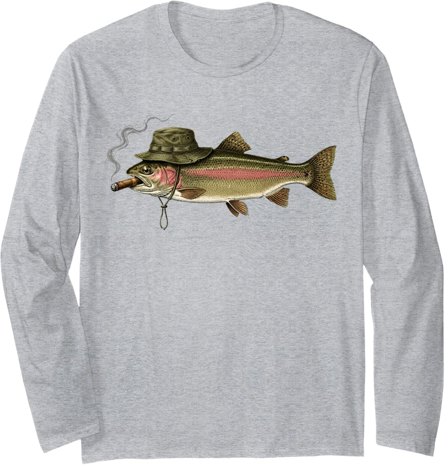 Funny Trout Fishing Vintage Smoking Hat Angler Fisherman Long Sleeve T-Shirt - Adult Unisex Heather Grey