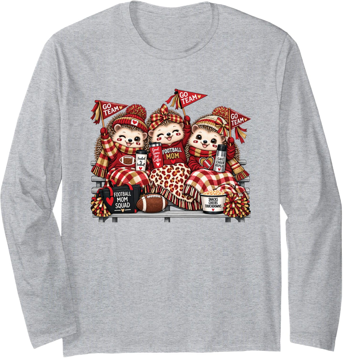 Football Mom Squad Cute Hedgehog Game Day Cheer Red and Gold Long Sleeve T-Shirt - Adult Unisex Heather Grey