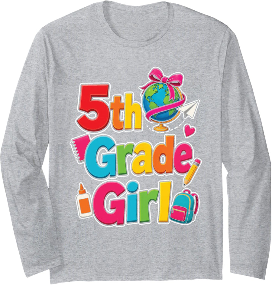 5th Grade Girl First Day Globe Backpack Hearts Bows Long Sleeve T-Shirt - Adult Unisex Heather Grey