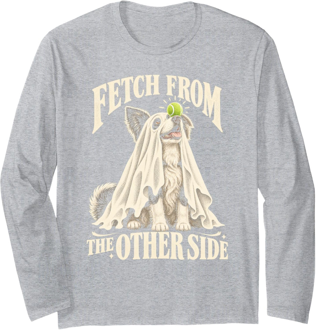 Fetch from The Other Side Border Collie Halloween Ghost Long Sleeve T-Shirt - Adult Unisex Heather Grey