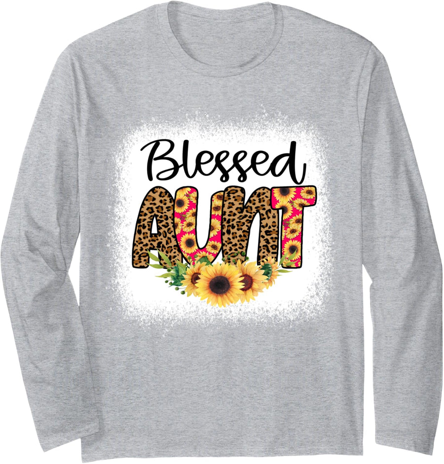 Blessed Aunt Women Bleached Cheetah Print Sunflowers Auntie Long Sleeve T-Shirt - Adult Unisex Heather Grey