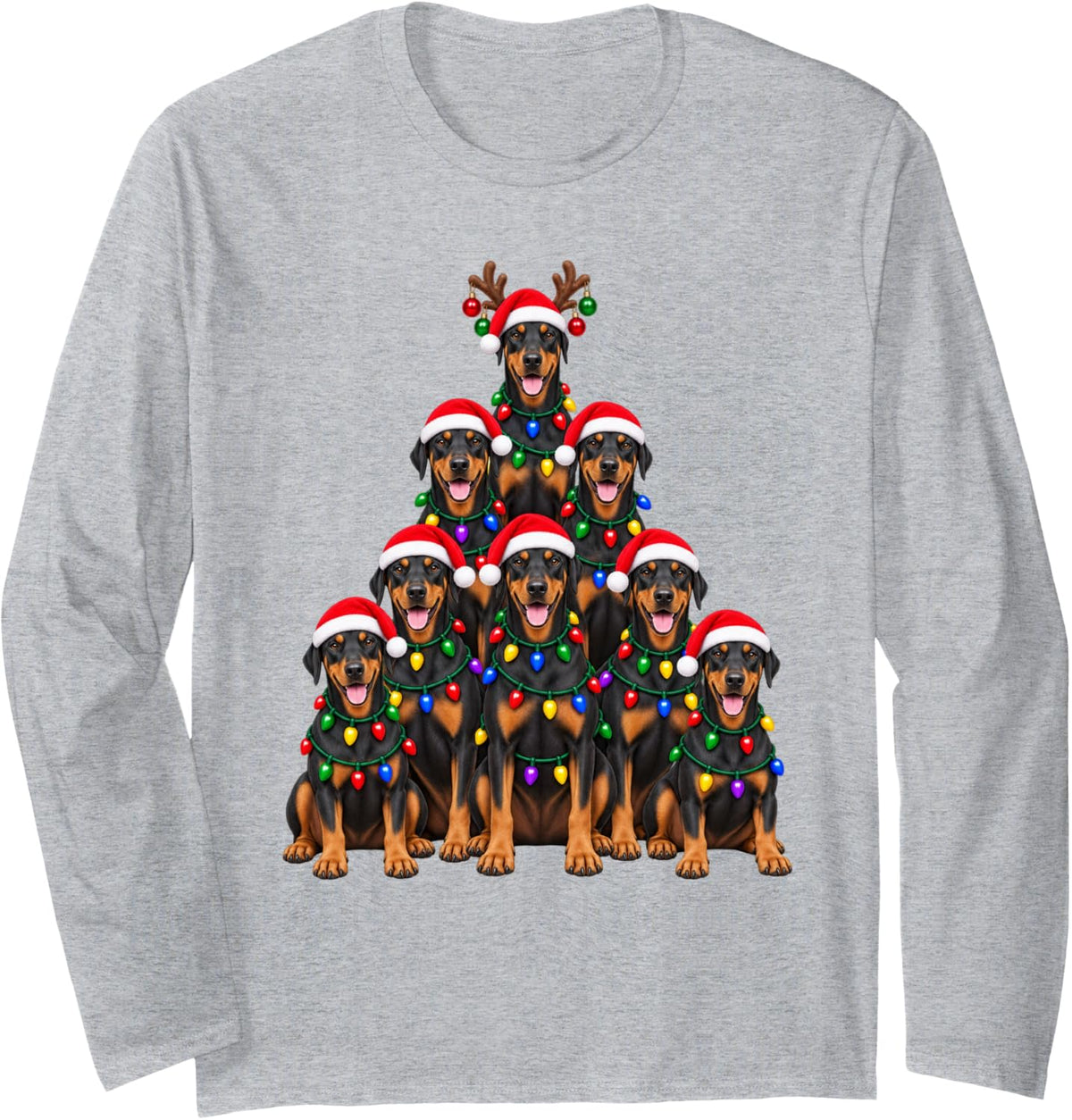 Doberman Pinscher Christmas Dogs Tree Lights Family Xmas Long Sleeve T-Shirt - Adult Unisex Heather Grey