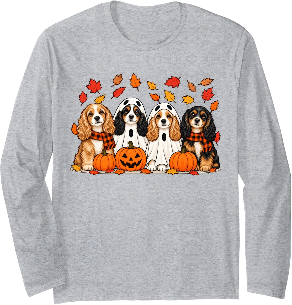 Cocker Spaniel Ghost Fall Autumn Thanksgiving Halloween Long Sleeve T-Shirt - Adult Unisex Heather Grey