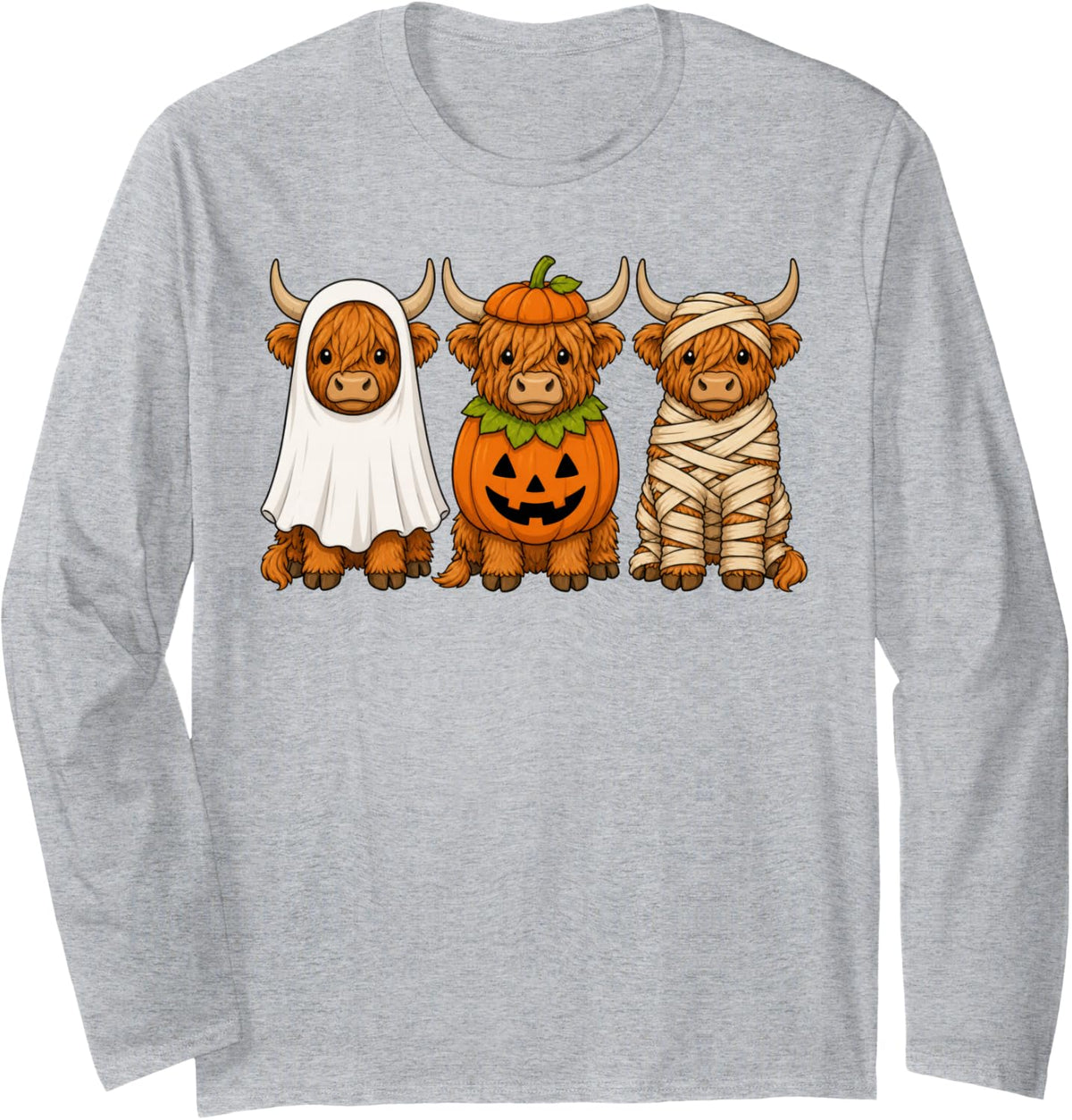 Spooky Highland Cow Pumpkin Ghost Halloween Farm Animal Long Sleeve T-Shirt - Adult Unisex Heather Grey
