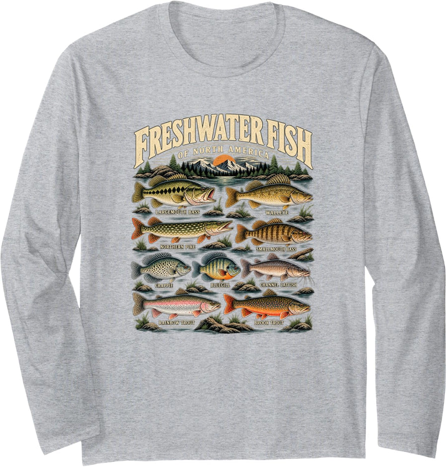 Freshwater Fish North America Bass Trout Fishing Long Sleeve T-Shirt - Adult Unisex Heather Grey