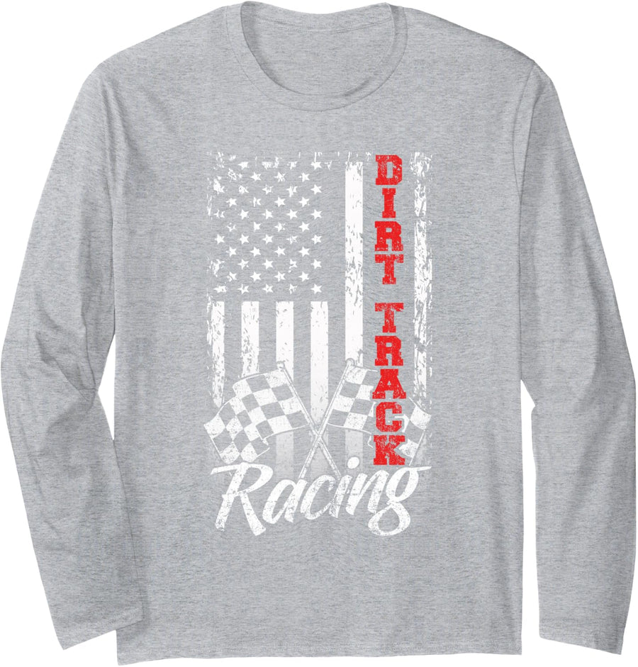 American Flag Dirt Track Racing Car Bike Driver Racer Gift Long Sleeve T-Shirt - Adult Unisex Heather Grey