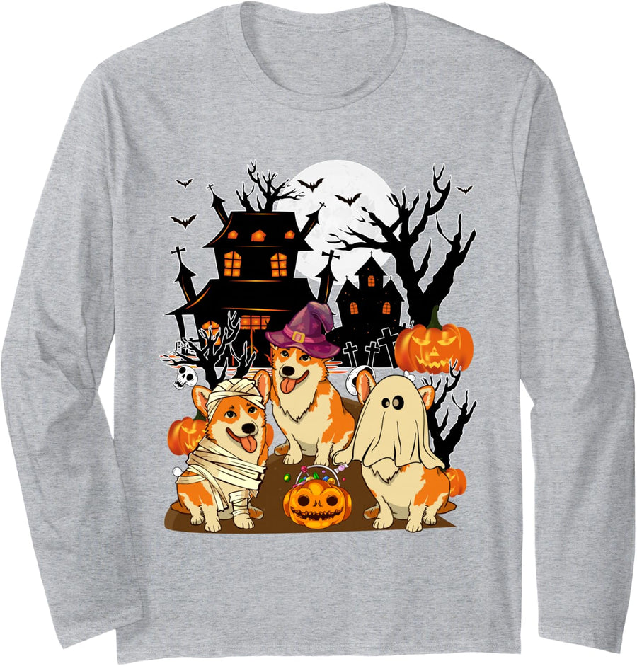 Three Halloween Corgis As Witch Boo Ghost Horror Mummy Long Sleeve T-Shirt - Adult Unisex Heather Grey