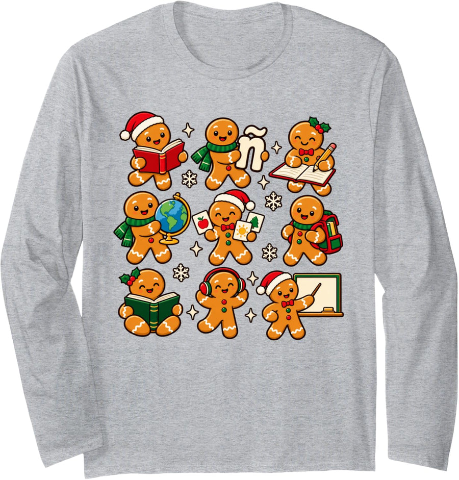 Christmas Spanish Teacher Gingerbread Language Class Long Sleeve T-Shirt - Adult Unisex Heather Grey