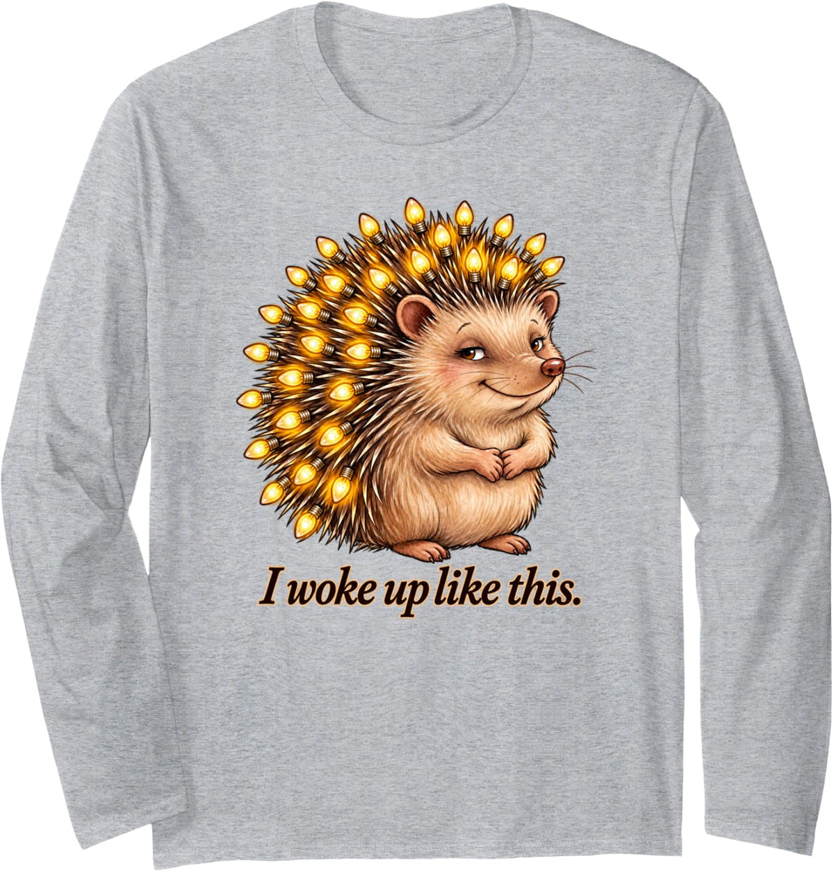 Funny Pre-Lit Hedgehog Christmas Long Sleeve T-Shirt - Adult Unisex Heather Grey