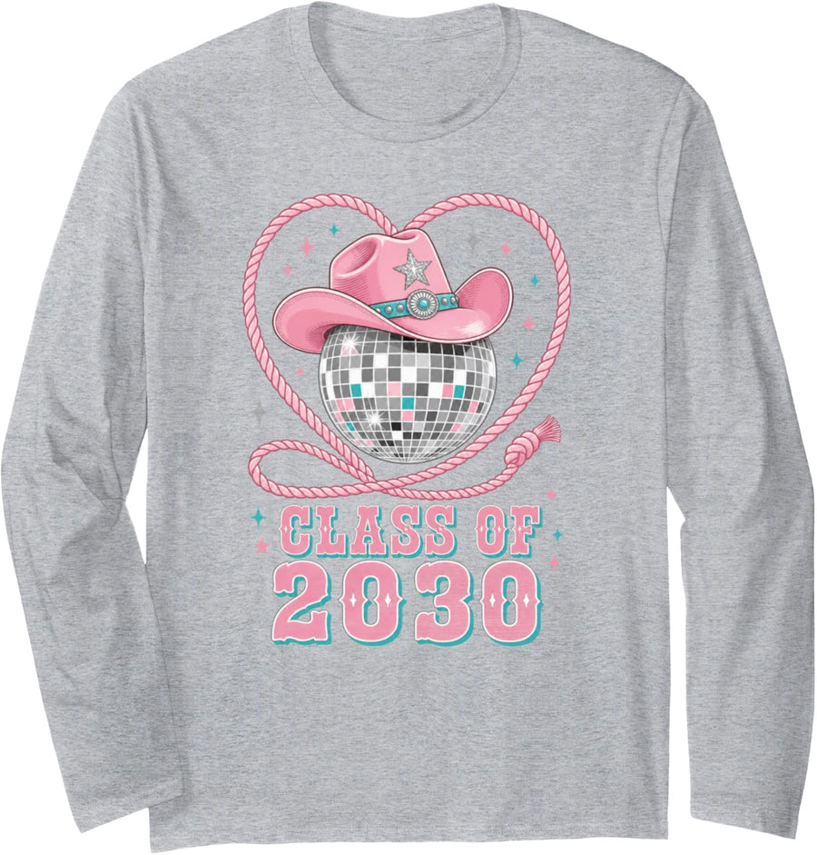 Class of 2030 Cowgirl Hat Disco Ball Country School Freshman Long Sleeve T-Shirt - Adult Unisex Heather Grey