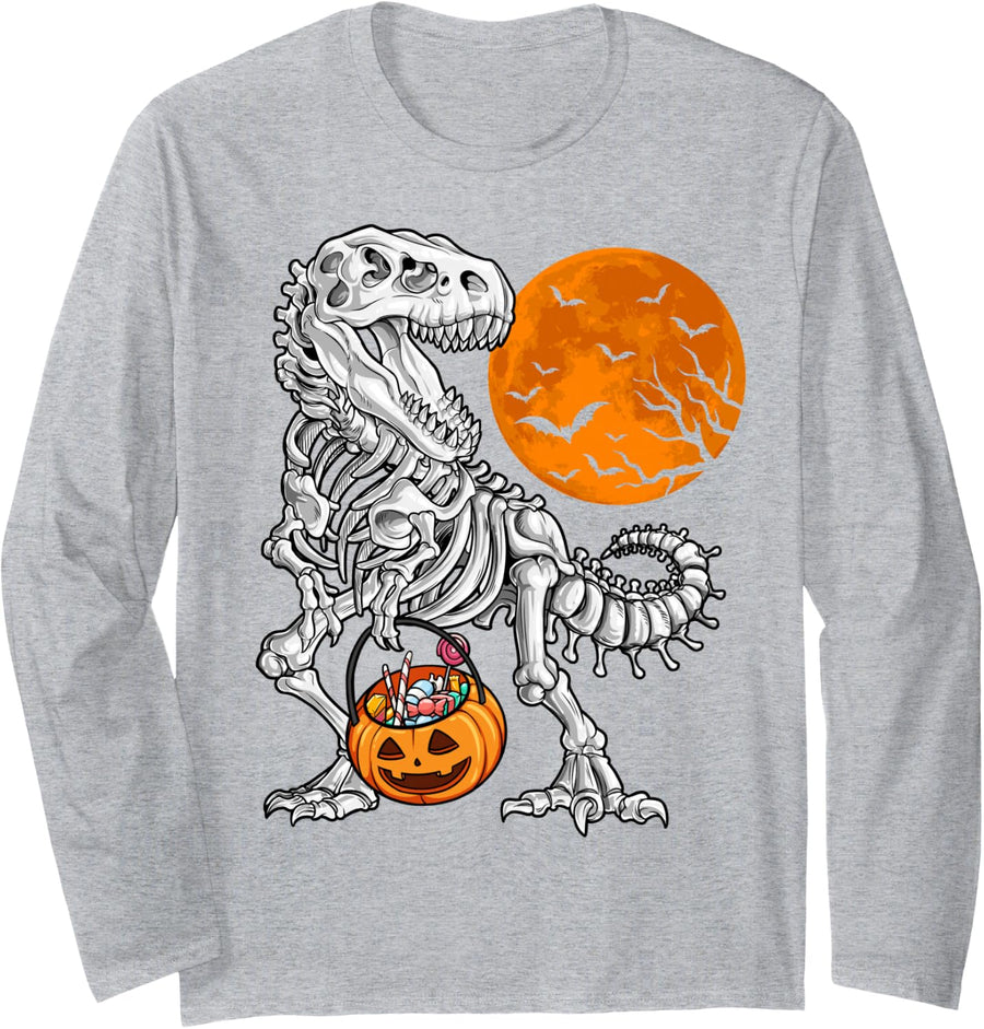 Skeleton Dinosaur T rex Pumpkin Funny Halloween Gifts Men Long Sleeve T-Shirt - Adult Unisex Heather Grey