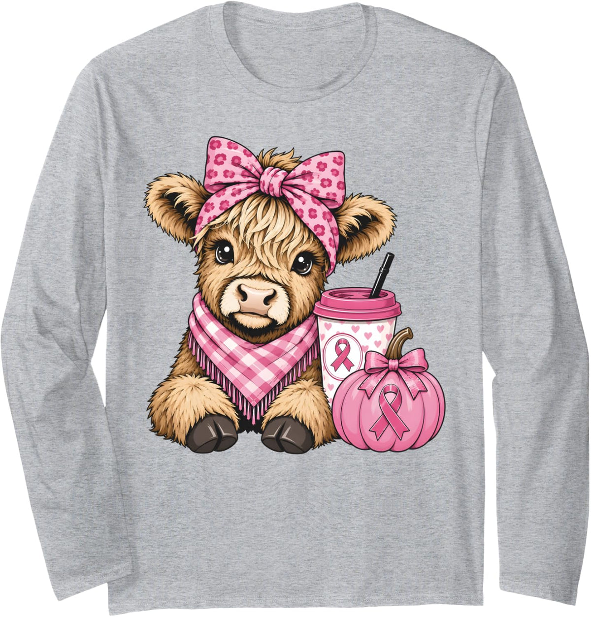 Highland Cow Bow Pink Ribbon Breast Cancer Awareness Fall Long Sleeve T-Shirt - Adult Unisex Heather Grey