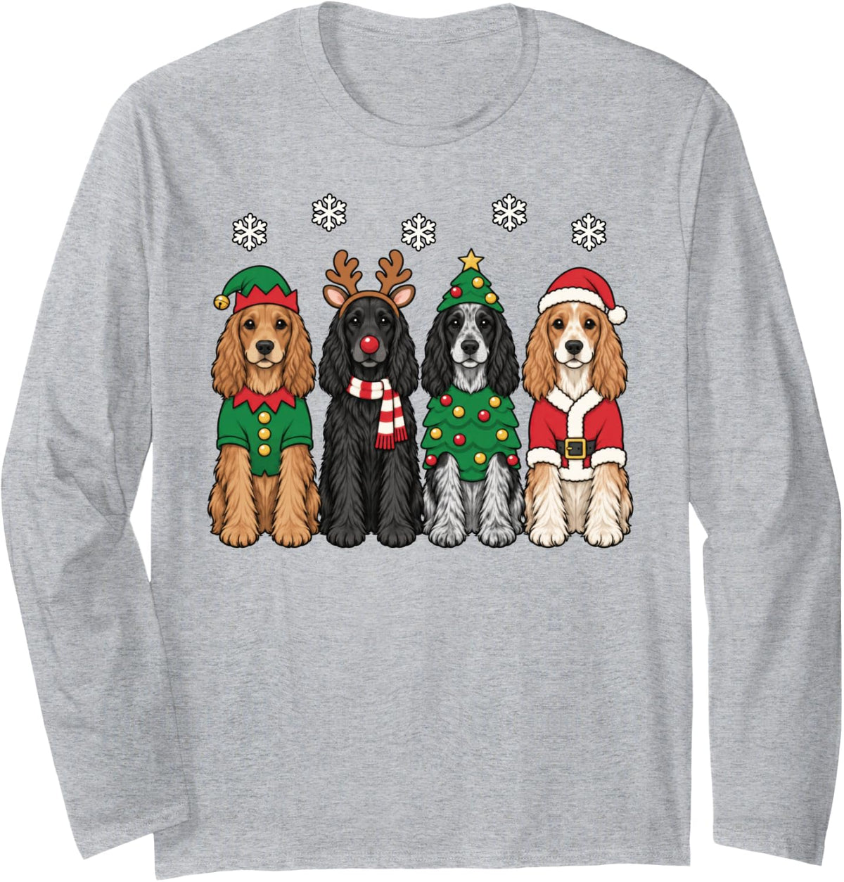 Cocker Spaniel Christmas Reindeer Santa Dog Lover Long Sleeve T-Shirt - Adult Unisex Heather Grey