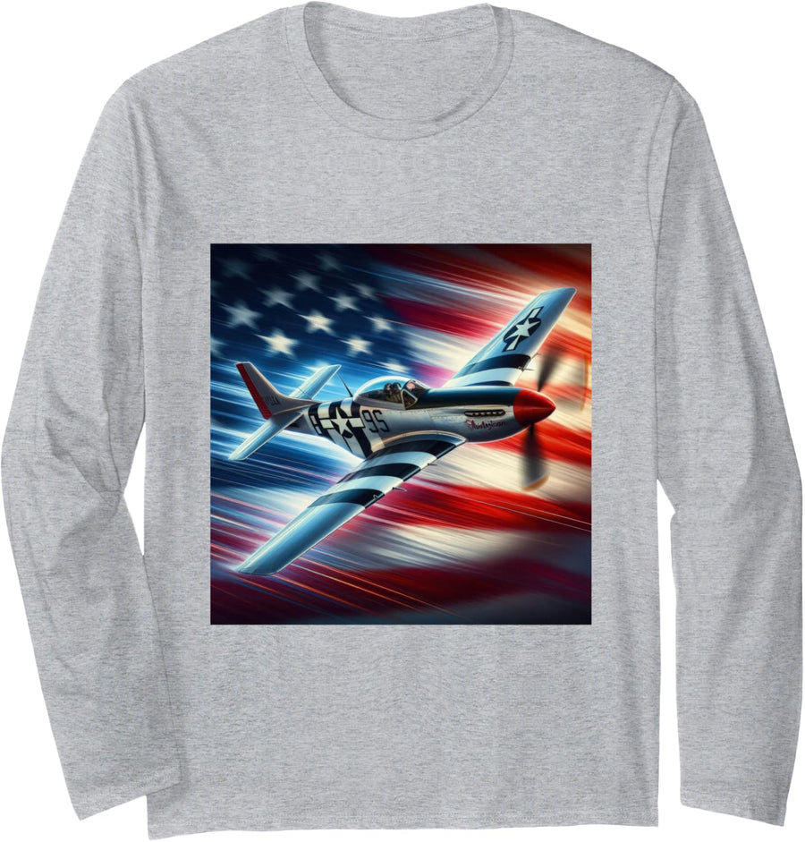 North American P-51 Mustang American Flag WW2 Airplane Long Sleeve T-Shirt - Adult Unisex Heather Grey