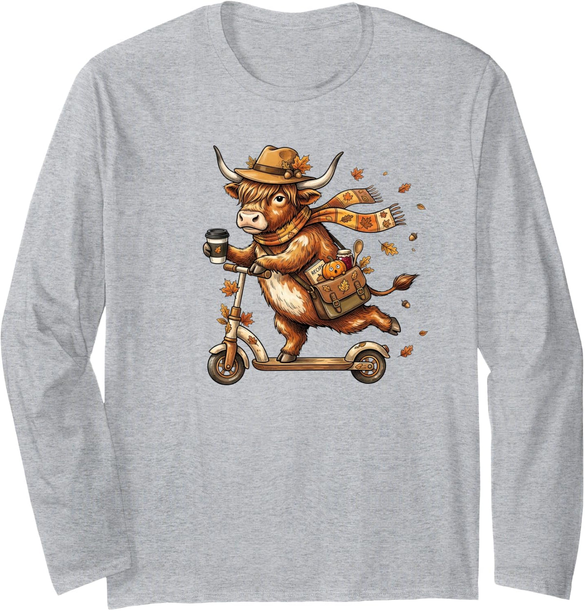 Autumn Scooter Highland Cow Thanksgiving Womens Mens Kids Long Sleeve T-Shirt - Adult Unisex Heather Grey