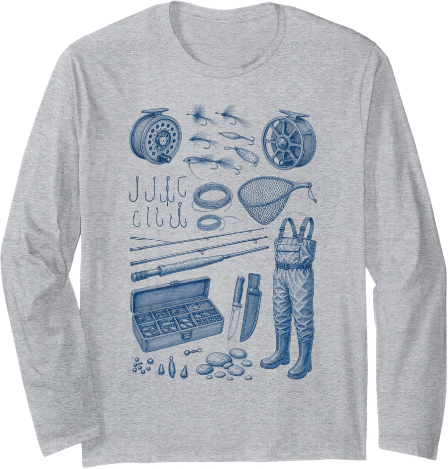 Fly Fishing Gear Vintage Chart Collection Illustration Long Sleeve T-Shirt - Adult Unisex Heather Grey