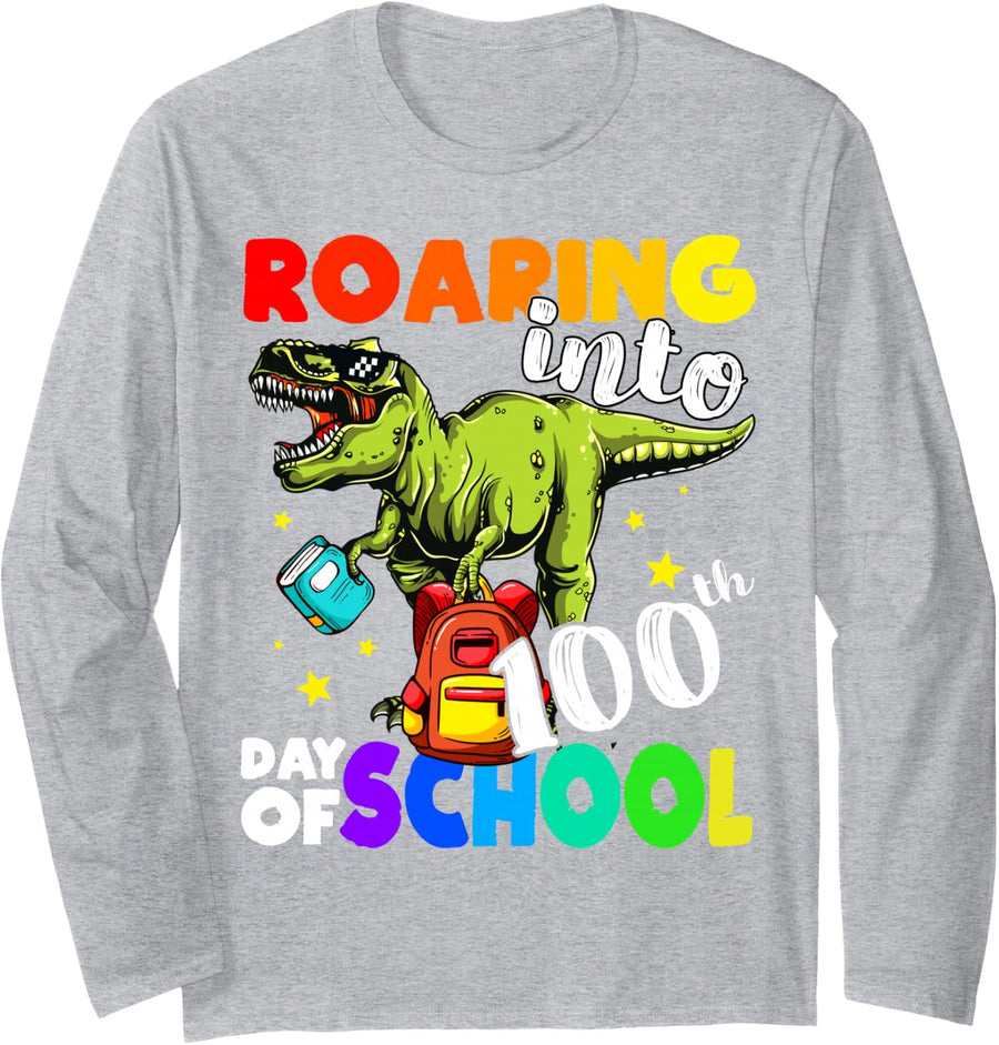 Roaring Into 100th Day of School Dino, Cute Kids & Teachers Long Sleeve T-Shirt - Adult Unisex Heather Grey
