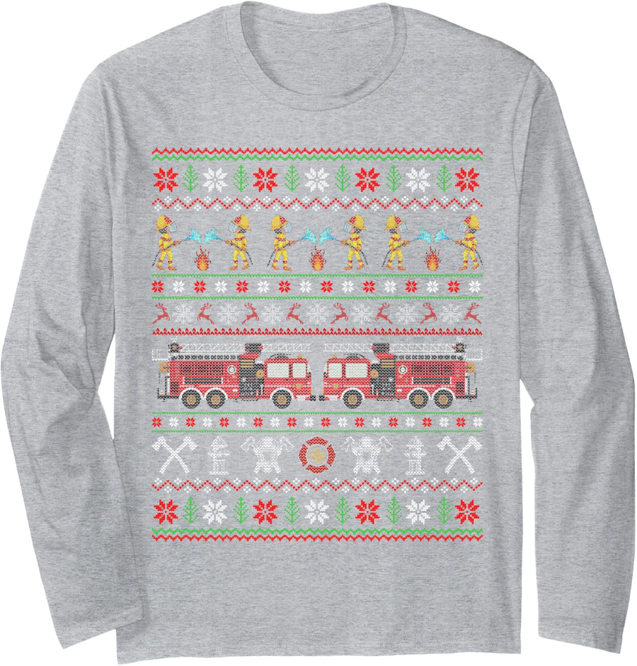Ugly Xmas Sweater Style Fire Truck Firefighter Christmas Long Sleeve T-Shirt - Adult Unisex Heather Grey