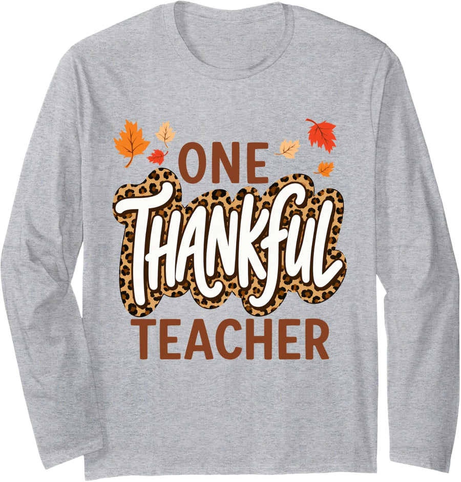 Leopard Thankful Teacher Thanksgiving Fall Teachers Long Sleeve T-Shirt - Adult Unisex Heather Grey