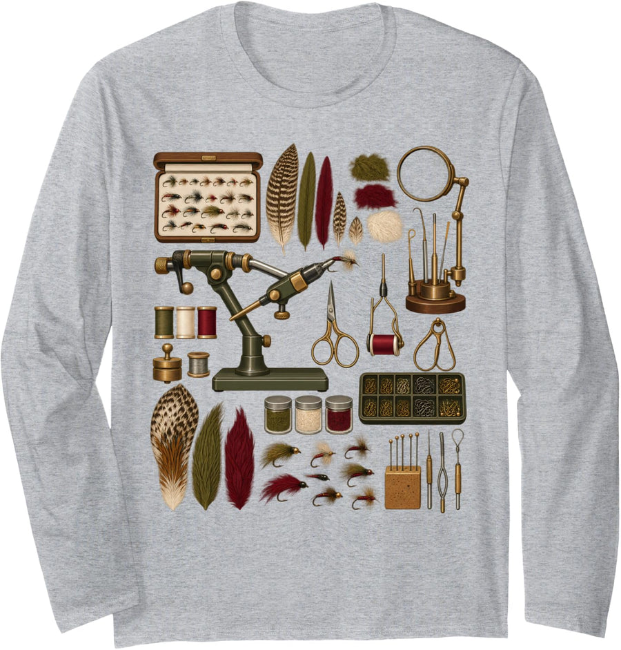 Fly Tying Tools Feathers Vise Fishing Hobby Collection Long Sleeve T-Shirt - Adult Unisex Heather Grey