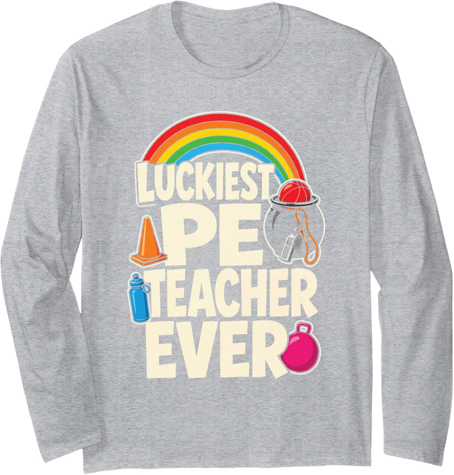 PE Teacher St Patricks Day Luckiest Ever Gym Elementary Long Sleeve T-Shirt - Adult Unisex Heather Grey