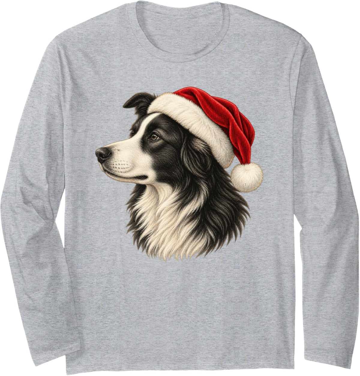 Christmas Border Collie Santa Hat Dog Portrait Long Sleeve T-Shirt - Adult Unisex Heather Grey