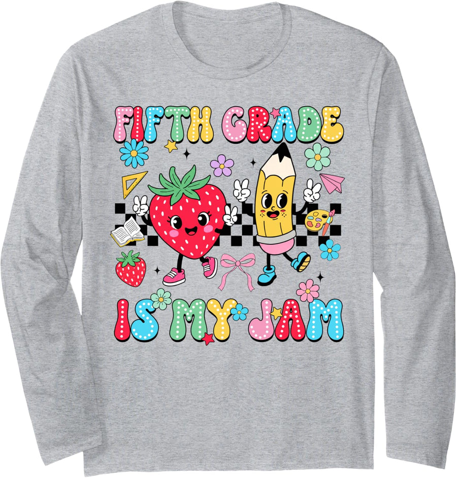 Back to School 5th Fifth Grade is My Jam Strawberry Girl Long Sleeve T-Shirt - Adult Unisex Heather Grey