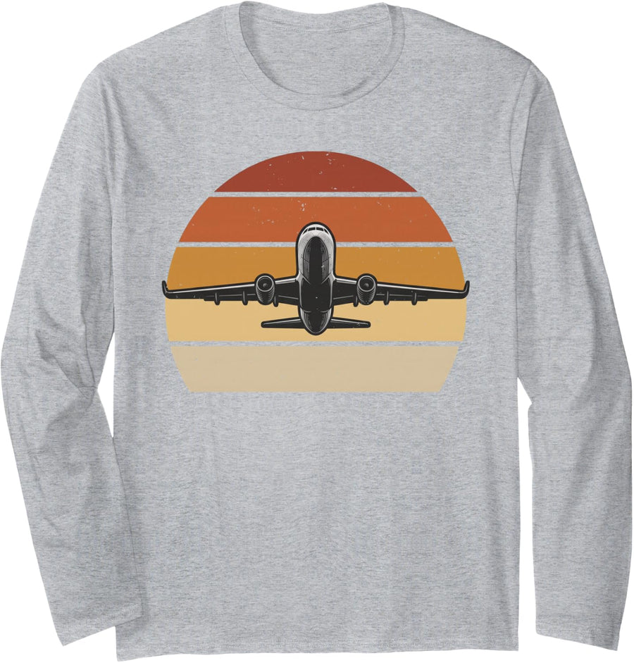 Airplane Takeoff Retro Sunset Jet Airline Pilot Plane Lover Long Sleeve T-Shirt - Adult Unisex Heather Grey