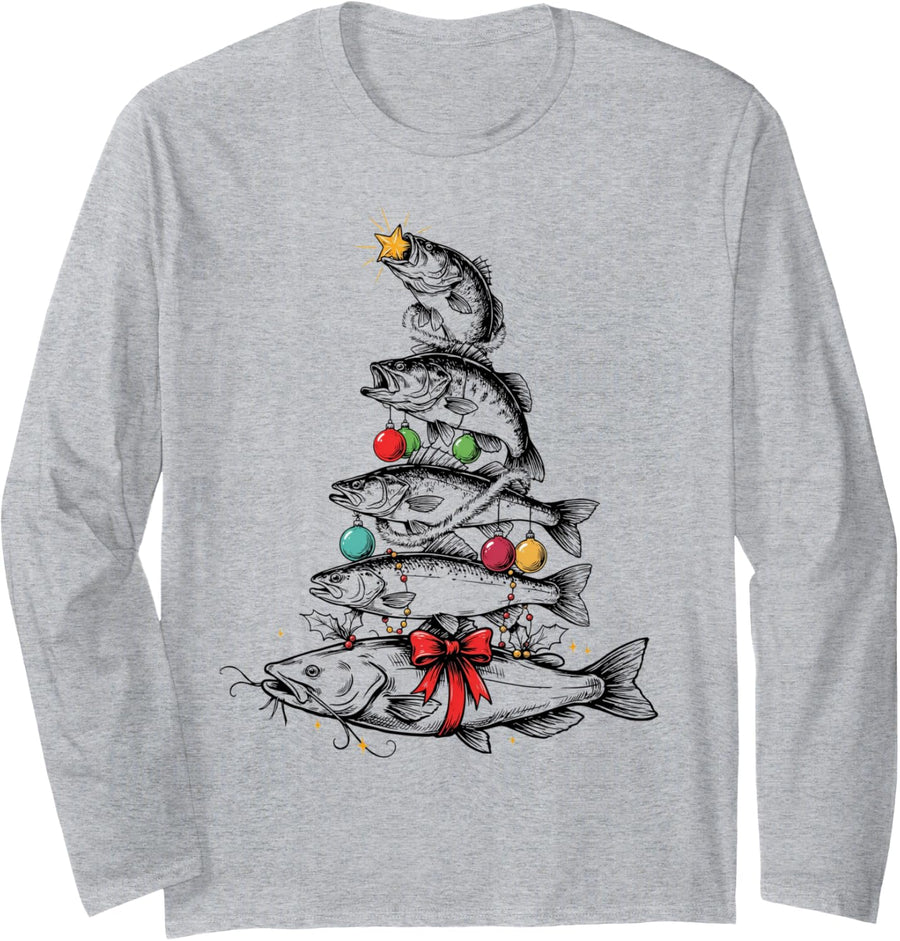 Funny Fish Christmas Tree Bass Pike Trout Catfish Long Sleeve T-Shirt - Adult Unisex Heather Grey