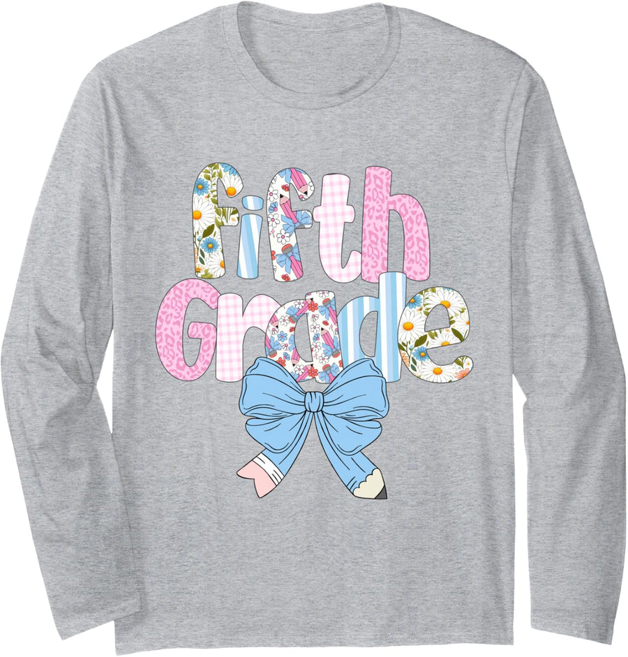 Preppy Fifth Grade Teacher Blue Floral Coquette Pencil Bow Long Sleeve T-Shirt - Adult Unisex Heather Grey