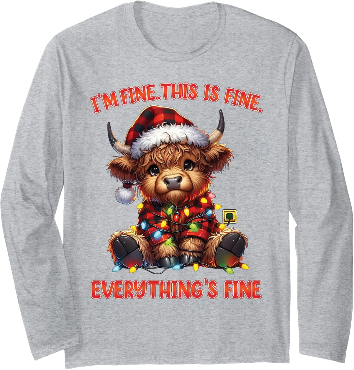 I'm Fine Everything is Fine Red Plaid Highland Cow Christmas Long Sleeve T-Shirt - Adult Unisex Heather Grey