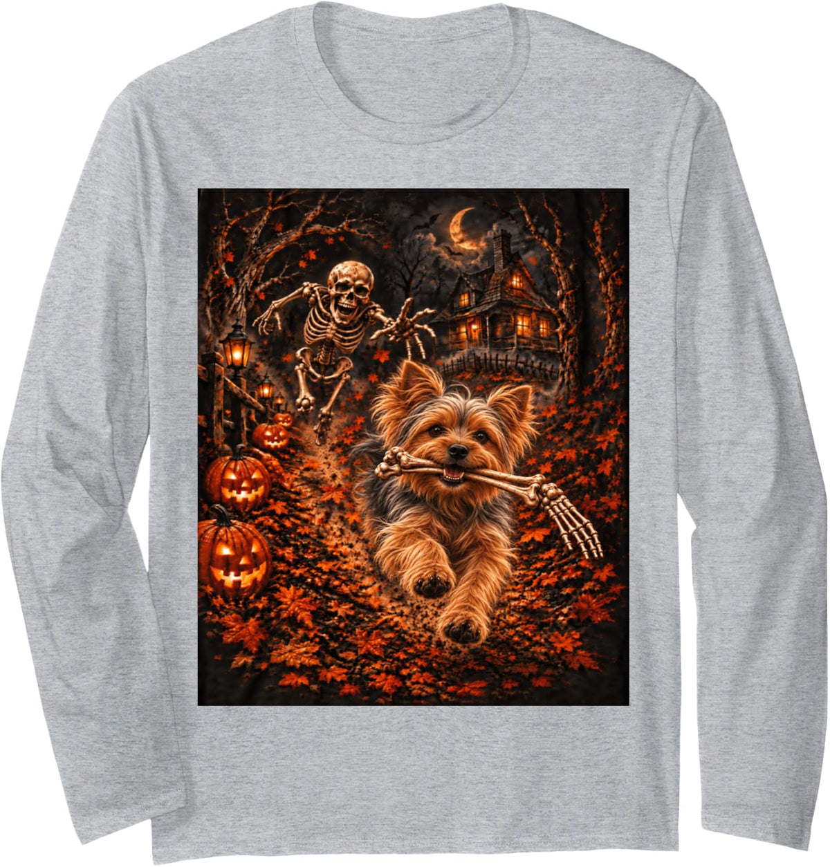 Yorkie Skeleton Bone Spooky Dog Halloween Long Sleeve T-Shirt - Adult Unisex Heather Grey