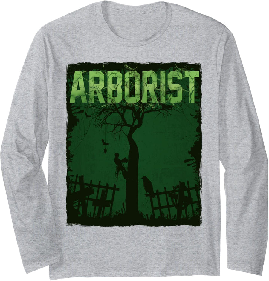 Cool Scare Arborist Design Funny Halloween Long Sleeve T-Shirt - Adult Unisex Heather Grey