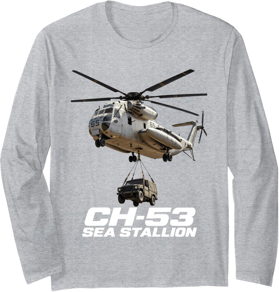 Ch-53 Sea Stallion Military Helicopter Carrying Vehicle Long Sleeve T-Shirt - Adult Unisex Heather Grey