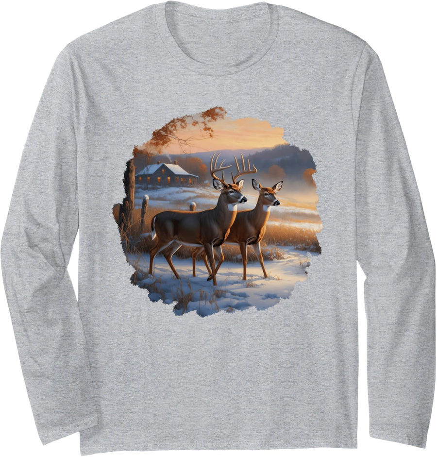 Whitetail Deer, Buck and Doe, Snowy Autumn Landscape Long Sleeve T-Shirt - Adult Unisex Heather Grey