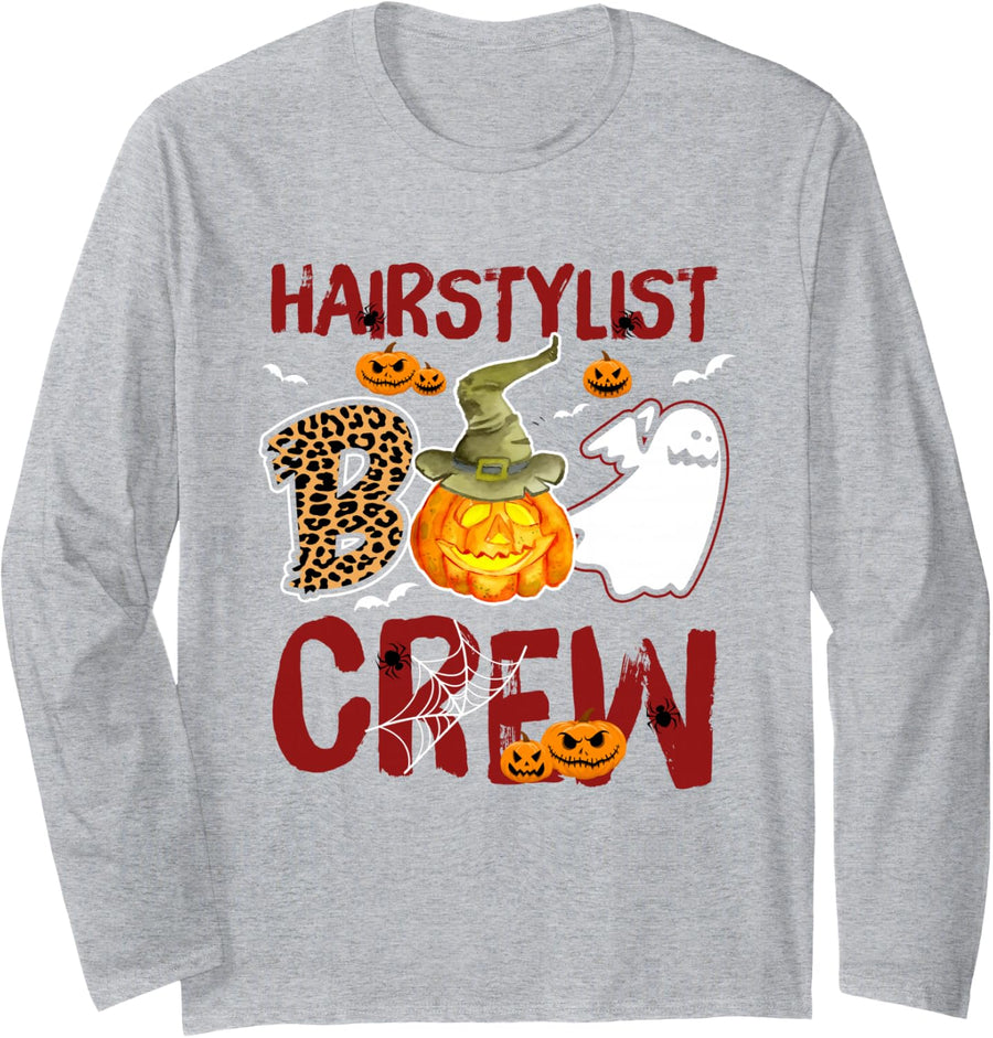 Hairstylist Boo Crew Halloween Hair Stylist Match Long Sleeve T-Shirt - Adult Unisex Heather Grey