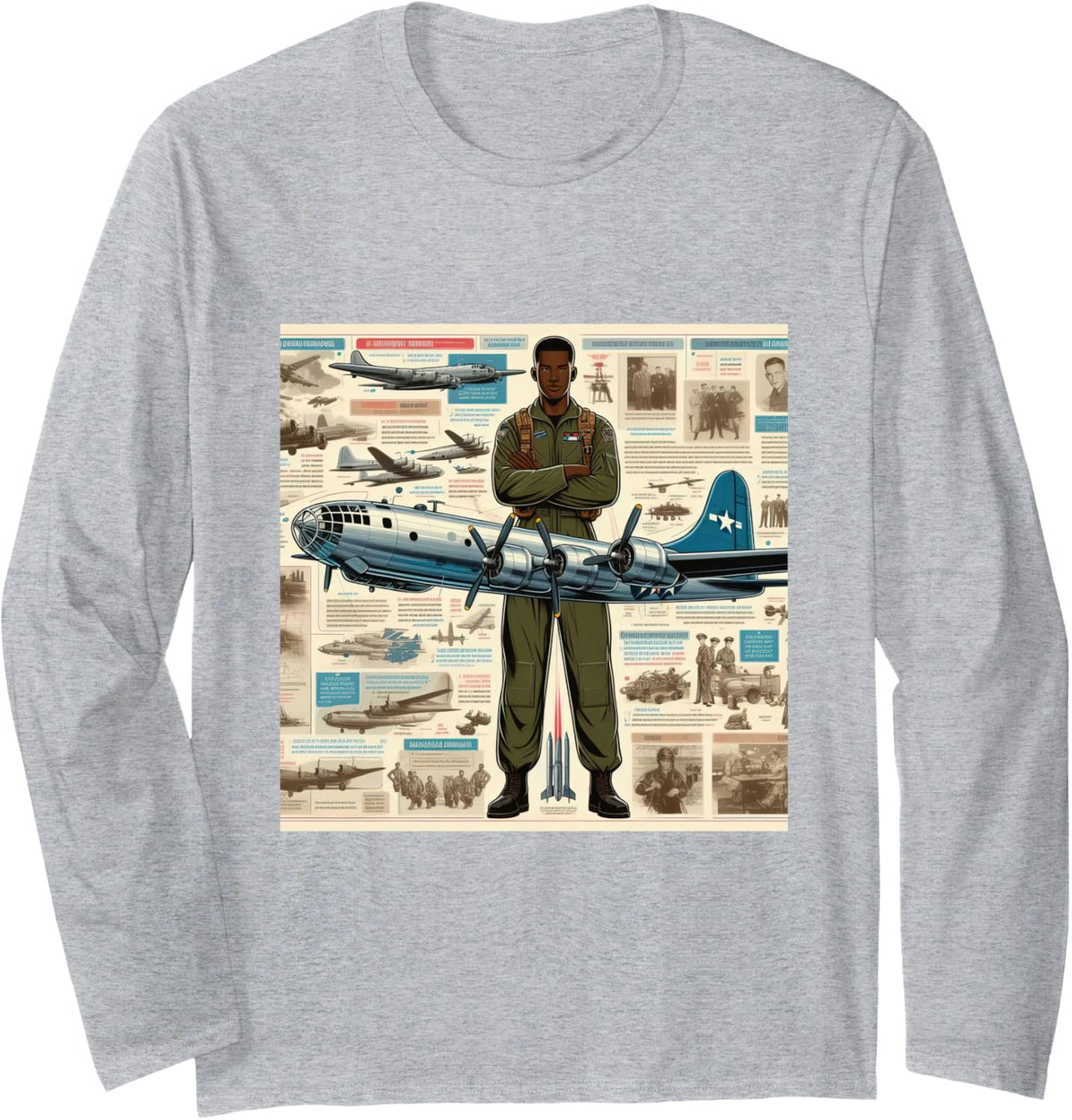 B29 Superfortress WW2 Warplane Airplane Infographics Long Sleeve T-Shirt - Adult Unisex Heather Grey