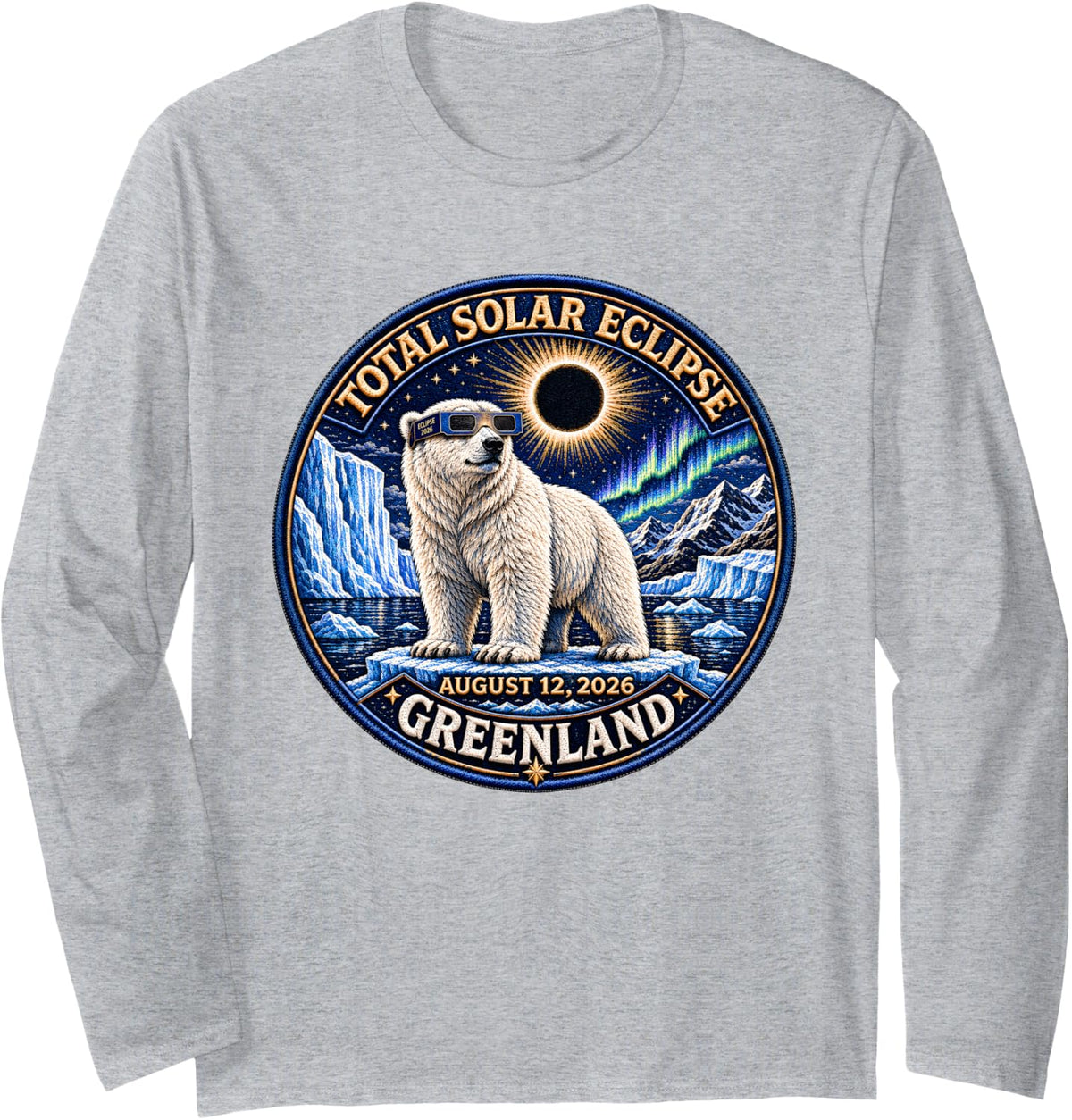 Total Solar Eclipse Greenland 2026 Polar Bear Eclipse Chaser Long Sleeve T-Shirt - Adult Unisex Heather Grey