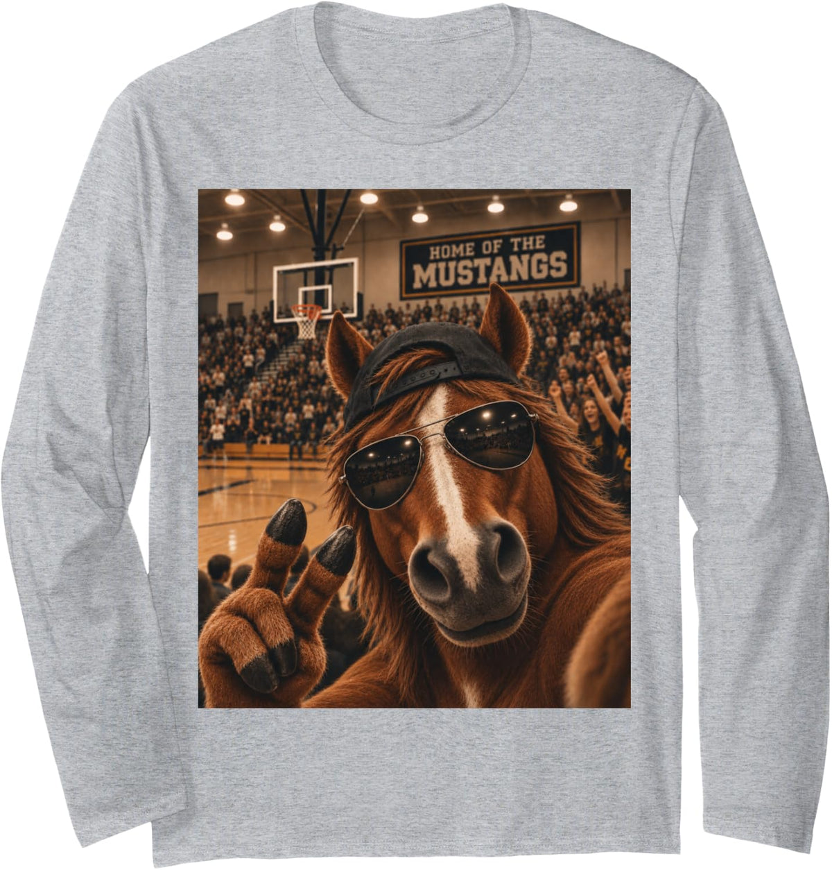 Mustang Selfie Funny Basketball Vintage Game Day Cool Mascot Long Sleeve T-Shirt - Adult Unisex Heather Grey