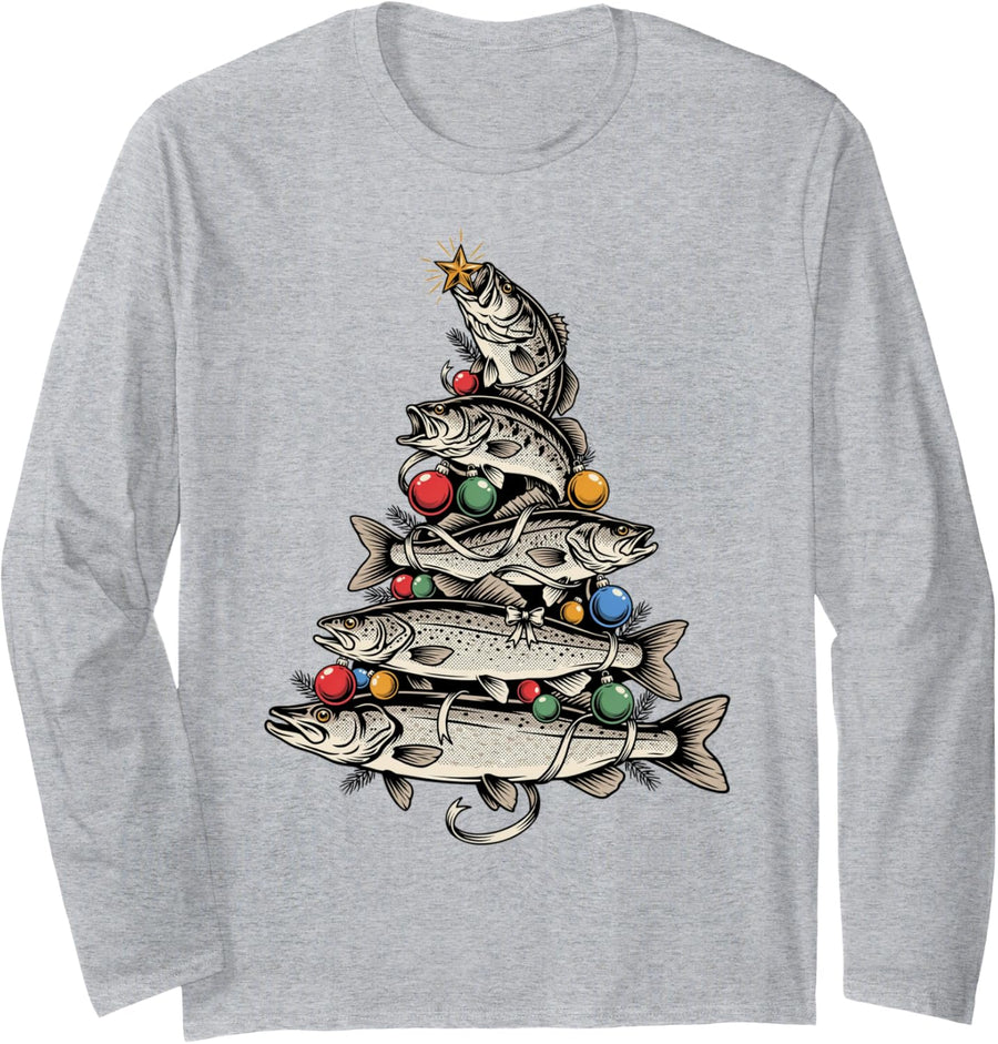 Fish Christmas Tree Bass Pike Trout Catfish Xmas Long Sleeve T-Shirt - Adult Unisex Heather Grey